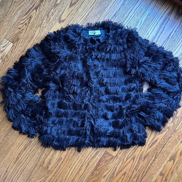 Amoli Faux Fur Coat Fuzzy Fringe Dressy Cardigan Jacket Bolero Black NEW Size L - Picture 2 of 9